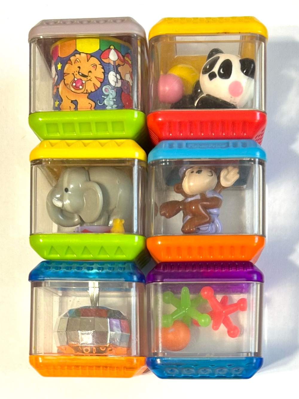 6 Vintage Fisher-Price Peek-A-Boo Blocks. Mostly Circus Themed. Set #1.